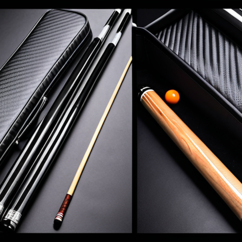 An open, ultra-modern pool cue case, crafted from sleek carbon fiber, revealing a meticulously organized interior with individual compartments for multiple cue shafts and butts. The plush, protective lining and integrated accessory pockets are visible, emphasizing sophisticated design and ultimate protection. Professional studio lighting, clean background, high detail.