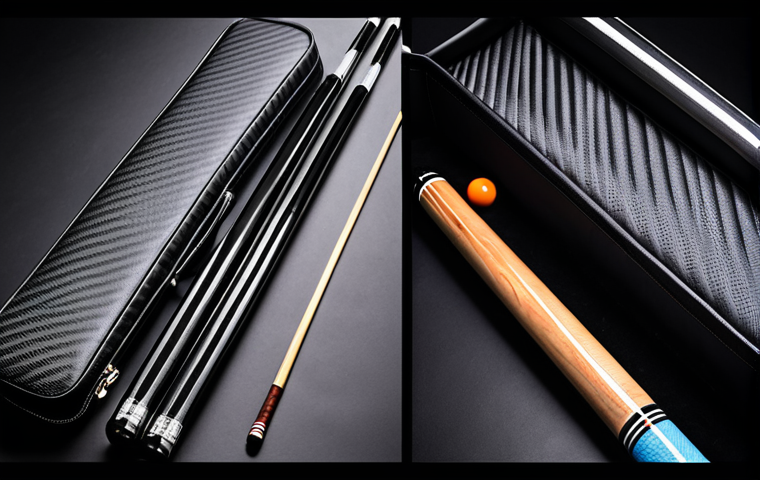 An open, ultra-modern pool cue case, crafted from sleek carbon fiber, revealing a meticulously organized interior with individual compartments for multiple cue shafts and butts. The plush, protective lining and integrated accessory pockets are visible, emphasizing sophisticated design and ultimate protection. Professional studio lighting, clean background, high detail.