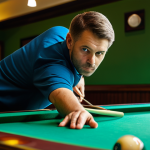 A professional male billiards player, fully clothed in a modest, smart polo shirt and trousers, executes a powerful break shot on a pristine, green-felt billiard table in a high-end, softly lit professional billiards hall. The cue ball has just struck the racked object balls, which are dynamically scattering across the table, conveying a sense of explosive energy. The player maintains a natural pose with perfect anatomy, correct proportions, well-formed hands, and proper finger count. The scene emphasizes precision, high quality, professional photography, appropriate content, family-friendly, safe for work, with natural body proportions.