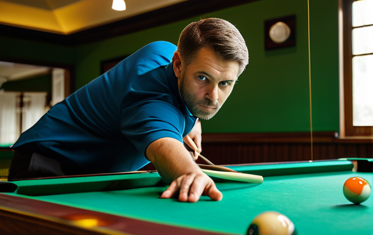 A professional male billiards player, fully clothed in a modest, smart polo shirt and trousers, executes a powerful break shot on a pristine, green-felt billiard table in a high-end, softly lit professional billiards hall. The cue ball has just struck the racked object balls, which are dynamically scattering across the table, conveying a sense of explosive energy. The player maintains a natural pose with perfect anatomy, correct proportions, well-formed hands, and proper finger count. The scene emphasizes precision, high quality, professional photography, appropriate content, family-friendly, safe for work, with natural body proportions.