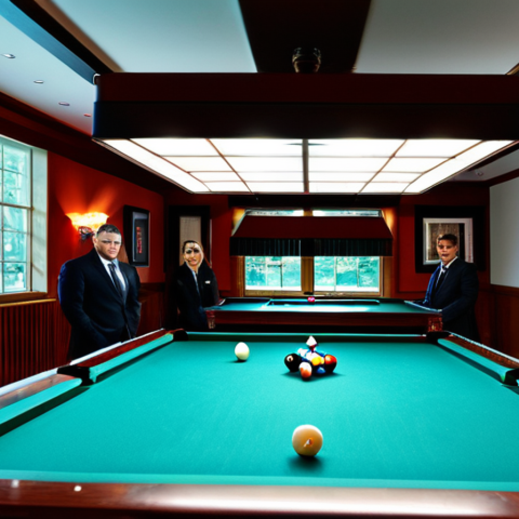 Professional Pool Room**

"A well-lit, upscale billiard room featuring a professional pool table with worsted cloth, fully clothed players in appropriate attire concentrating on a game, safe for work, correct proportions, perfect anatomy, professional photography, sharp focus, high quality, family-friendly, appropriate content, bright lighting, depth of field."

**