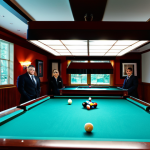 Professional Pool Room**

"A well-lit, upscale billiard room featuring a professional pool table with worsted cloth, fully clothed players in appropriate attire concentrating on a game, safe for work, correct proportions, perfect anatomy, professional photography, sharp focus, high quality, family-friendly, appropriate content, bright lighting, depth of field."

**