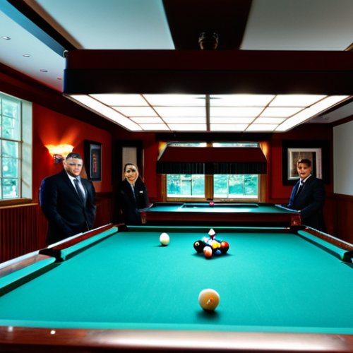 Home 28 Professional Pool Room**
"A well-lit, upscale billiard room featuring a professional pool table with worsted cloth, fully clothed players in appropriate attire concentrating on a game, safe for work, correct proportions, perfect anatomy, professional photography, sharp focus, high quality, family-friendly, appropriate content, bright lighting, depth of field."
**
