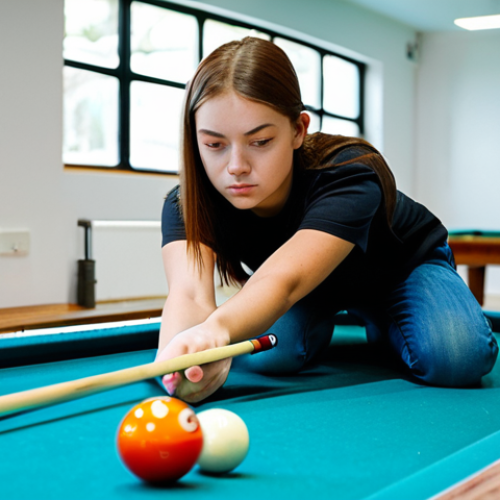 Home 26 Focused Practice**
"A young woman, fully clothed in a comfortable t-shirt and jeans, practicing her pool technique in a well-lit, modern pool hall. She's focused intently on the cue ball, cue in hand, in mid-stroke. The table is clean and well-maintained. Safe for work, appropriate content, modest attire, perfect anatomy, natural proportions, professional photography, high quality, family-friendly."
**
