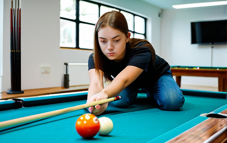 Focused Practice**
"A young woman, fully clothed in a comfortable t-shirt and jeans, practicing her pool technique in a well-lit, modern pool hall. She's focused intently on the cue ball, cue in hand, in mid-stroke. The table is clean and well-maintained. Safe for work, appropriate content, modest attire, perfect anatomy, natural proportions, professional photography, high quality, family-friendly."
**