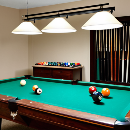 Home 25 Budget-Friendly Billiards Room**
"A well-lit, family-friendly spare bedroom converted into a billiards practice space. A used billiards table with clamp lights providing illumination. A repurposed dresser serves as storage for balls and cues. Wall-mounted cue rack. The scene is tidy and functional. fully clothed people playing pool. safe for work, appropriate content, fully clothed, modest, professional quality, perfect anatomy, correct proportions, natural pose."
**
