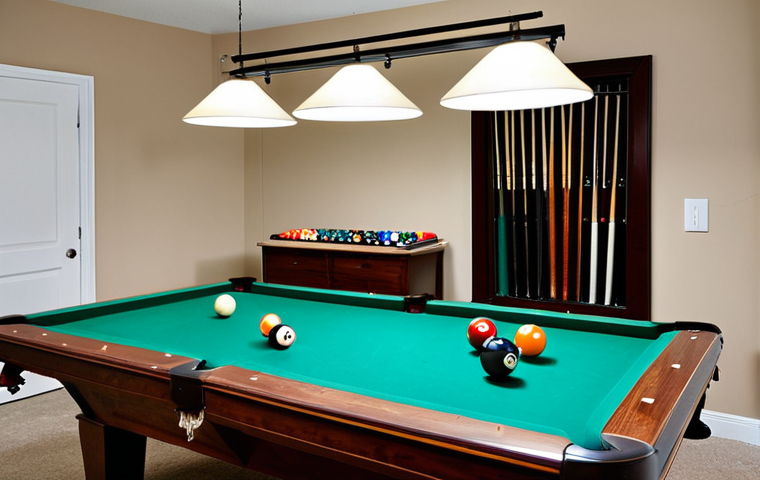 Budget-Friendly Billiards Room**
"A well-lit, family-friendly spare bedroom converted into a billiards practice space. A used billiards table with clamp lights providing illumination. A repurposed dresser serves as storage for balls and cues. Wall-mounted cue rack. The scene is tidy and functional. fully clothed people playing pool. safe for work, appropriate content, fully clothed, modest, professional quality, perfect anatomy, correct proportions, natural pose."
**