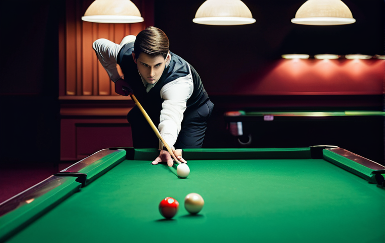 초보자를 위한 당구 연습법 - **"The Perfect Stance"**: A highly detailed, realistic photograph of a male or female billiards play...
