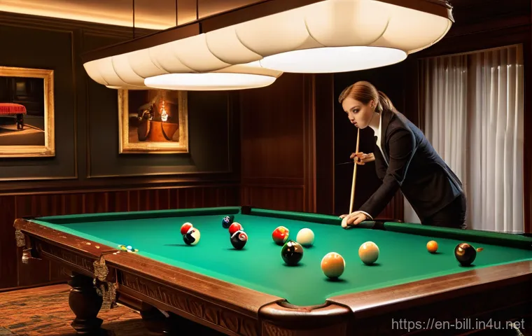 당구 경기 중 물리학의 적용 - **Prompt:** A detailed close-up shot capturing the moment of impact between a chalked cue tip and th...