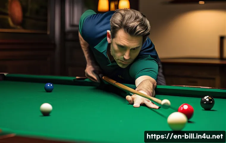 당구 치는 법 기초 - **Image Prompt: The Perfect Stance and Grip**
A focused male billiards player, in his late 40s, ...