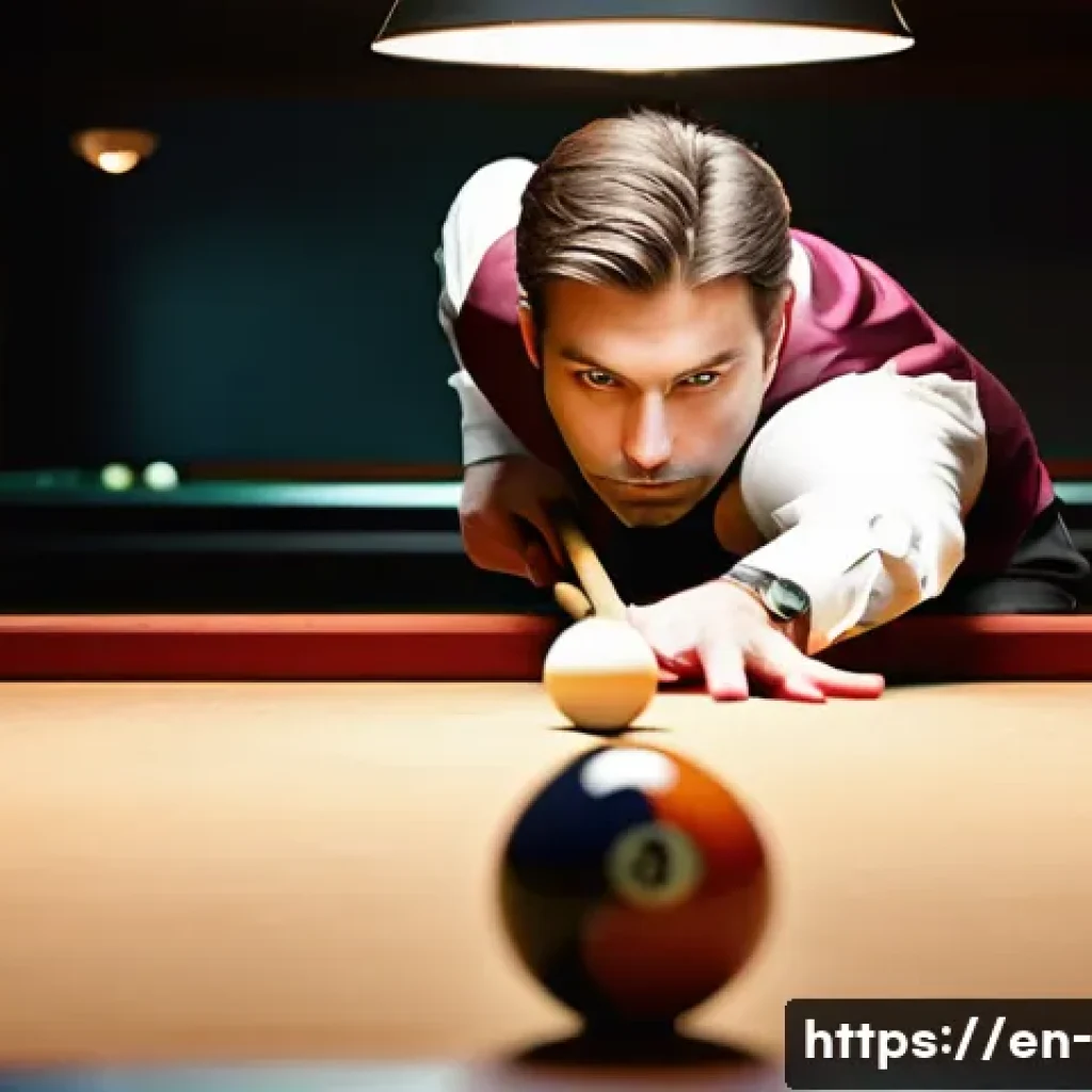 당구 경기에서 실전 활용법 - A focused billiards player in a modern, stylish pool hall, demonstrating perfect stance and smooth c...