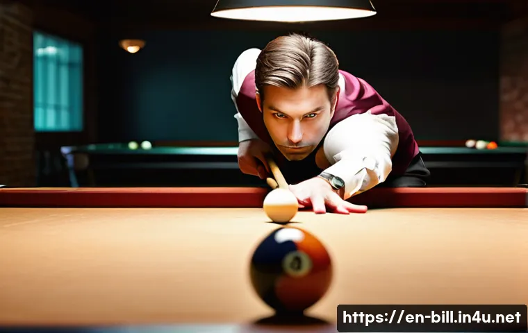당구 경기에서 실전 활용법 - A focused billiards player in a modern, stylish pool hall, demonstrating perfect stance and smooth c...