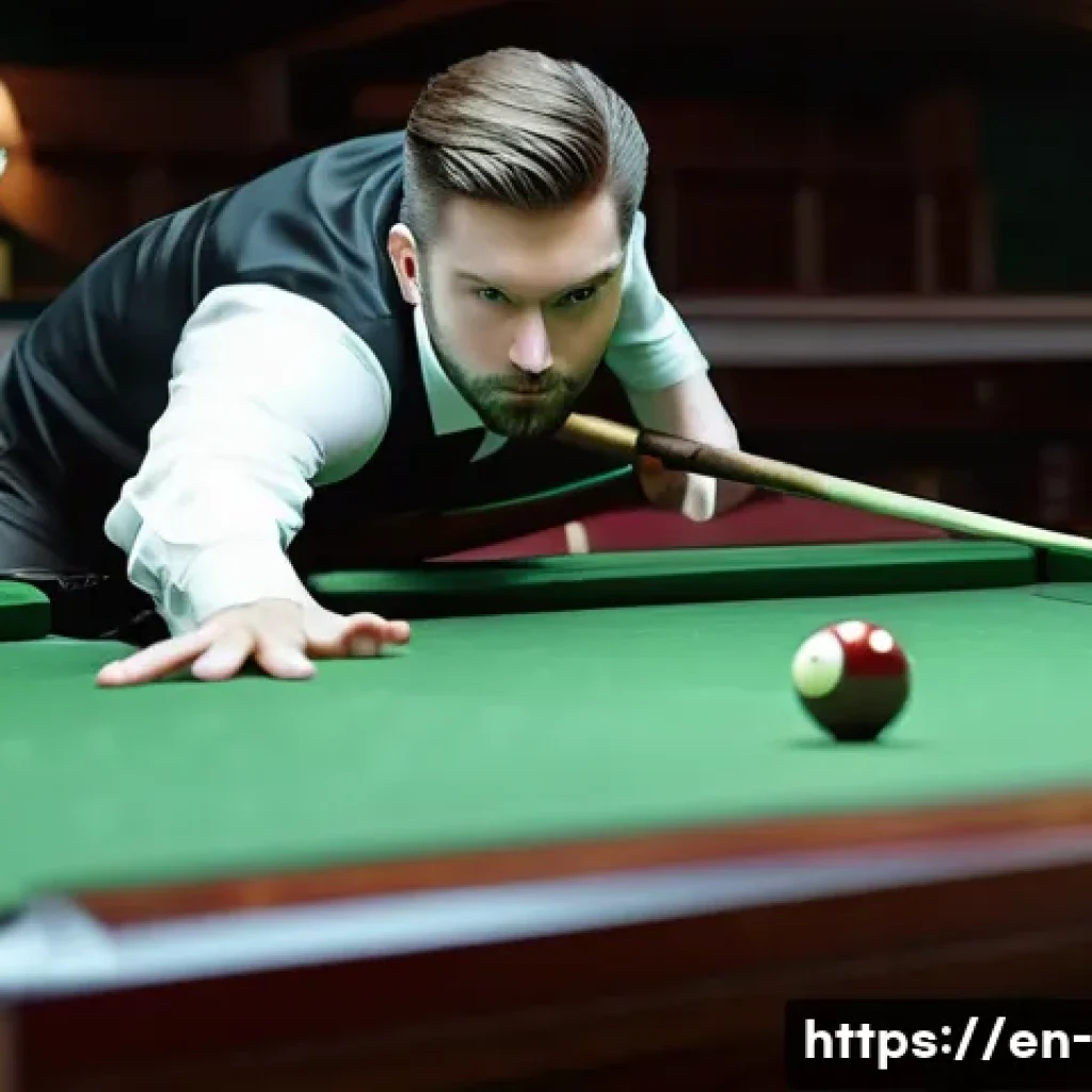 당구 기술 발전사 - A professional billiards player in mid-stroke, demonstrating perfect cue control with a smooth, pend...