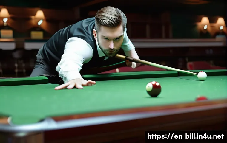 당구 기술 발전사 - A professional billiards player in mid-stroke, demonstrating perfect cue control with a smooth, pend...