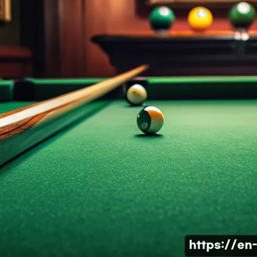 당구 큐의 소재 차이 - A close-up, hyper-realistic image of a classic wooden billiard cue resting on a polished green felt ...
