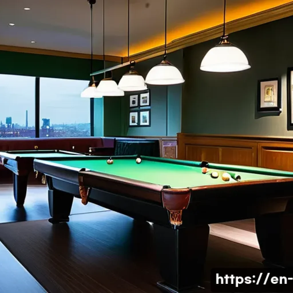 광주 당구장 추천 - A stylish, modern billiards hall interior featuring professional-grade pool tables with pristine gre...