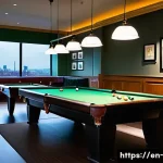 광주 당구장 추천 - A stylish, modern billiards hall interior featuring professional-grade pool tables with pristine gre...