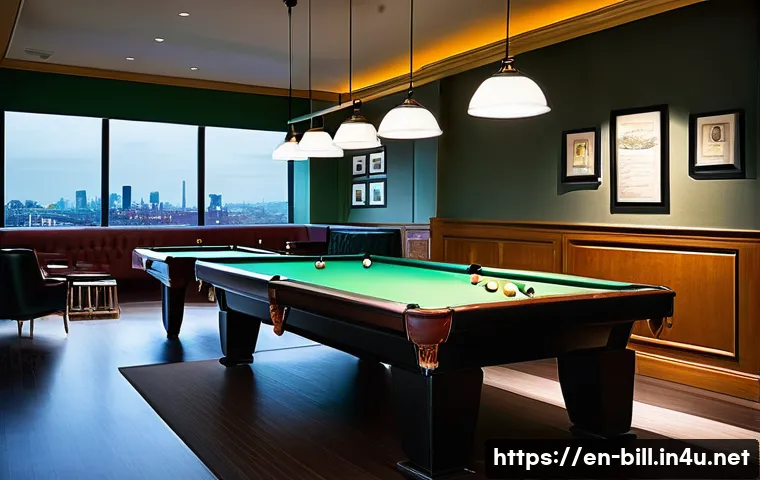 광주 당구장 추천 - A stylish, modern billiards hall interior featuring professional-grade pool tables with pristine gre...