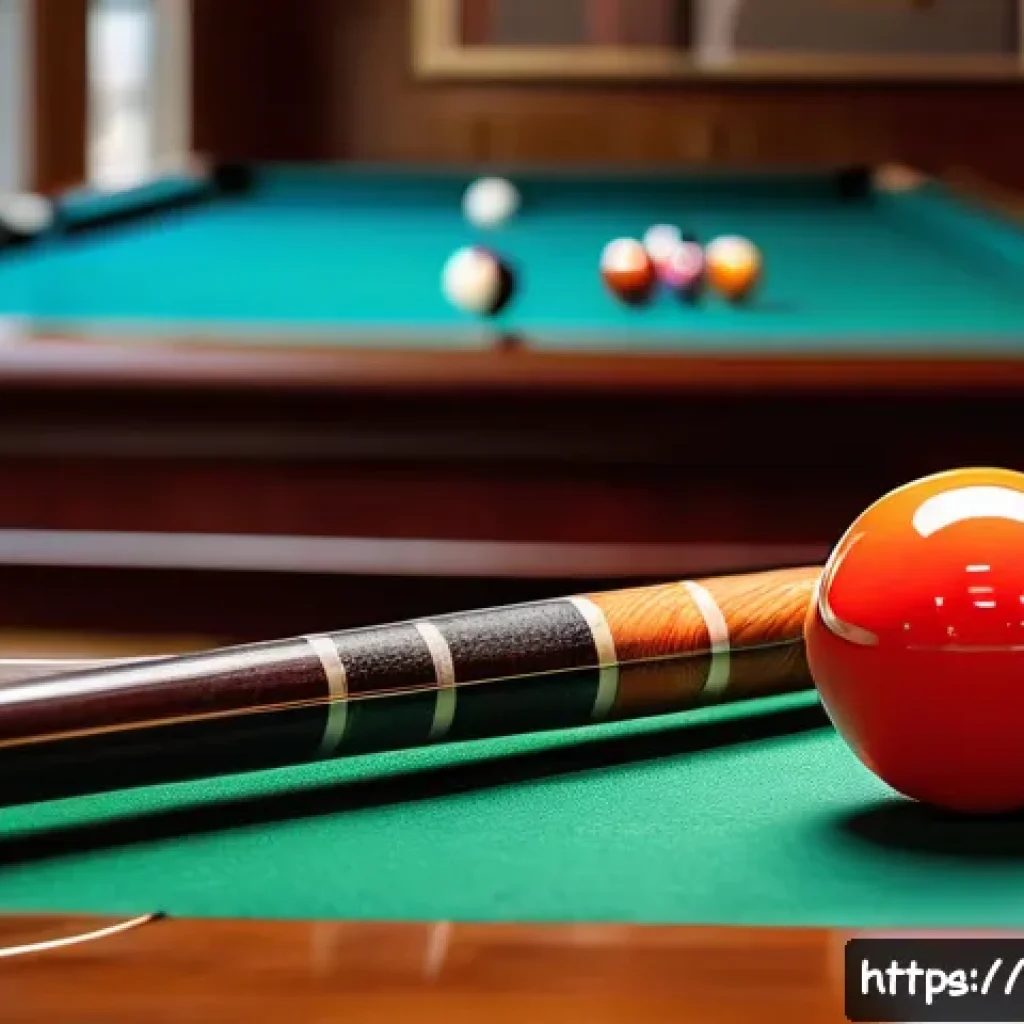 초보자를 위한 당구 장비 추천 - A close-up shot of a high-quality maple pool cue resting on a polished wooden floor beside a set of ...