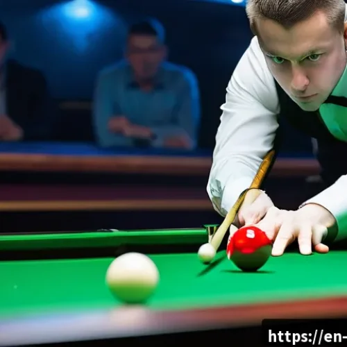 당구 프로 선수 경기 분석 - A professional billiards player in mid-shot, demonstrating precise cue ball control with visible top...