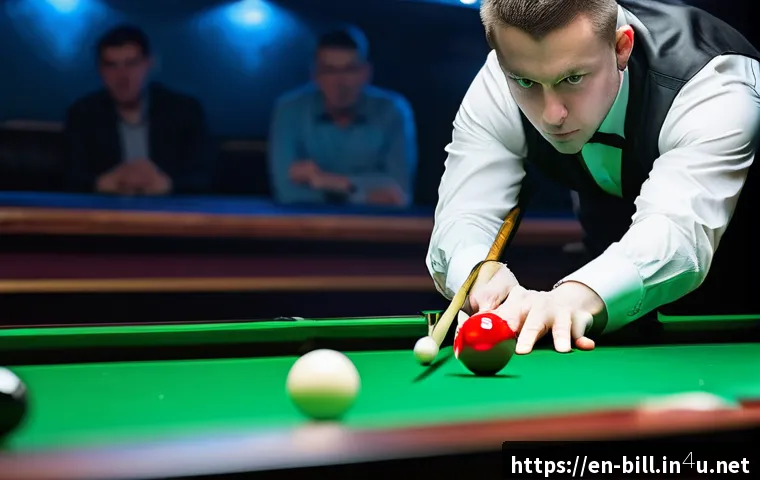당구 프로 선수 경기 분석 - A professional billiards player in mid-shot, demonstrating precise cue ball control with visible top...