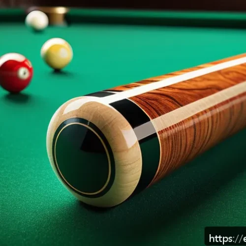 당구 큐 종류와 선택법 - A close-up, highly detailed image of a classic wooden pool cue made from polished maple wood, showca...