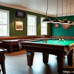 인천 당구장 추천 - A cozy, authentic billiards hall interior with warm lighting and wooden accents, filled with focused...