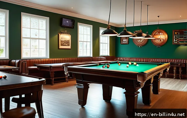인천 당구장 추천 - A cozy, authentic billiards hall interior with warm lighting and wooden accents, filled with focused...