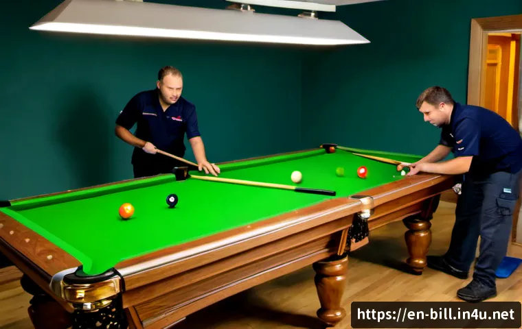 당구 테이블 설치 비용 - Photorealistic wide-angle interior scene of a professional billiard table installation in a modern A...