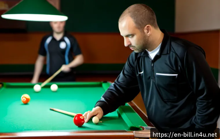 Home 30 당구 대회 규정 - Photorealistic billiards tournament scene in a bright community recreation hall, a polished green fe...