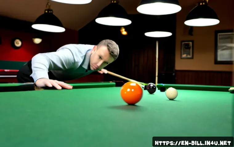 Home 17 당구 샷의 기본 기술 - Photorealistic billiards training scene in a clean American pool hall, adult player in casual long-s...