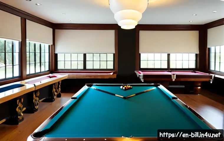 당구 테이블 브랜드 순위 - Photorealistic upscale American billiards showroom, three distinct full-size pool tables arranged in...
