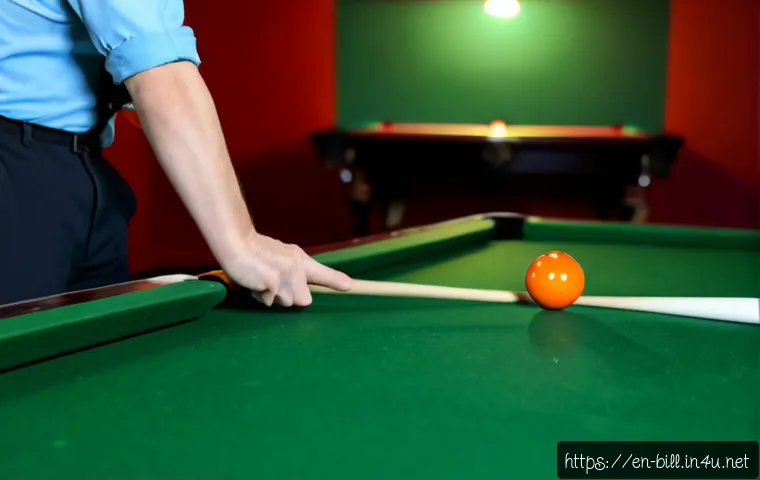 당구에서 가장 중요한 기술 - Photorealistic close-up of a focused adult pool player in a classic American billiards hall, careful...