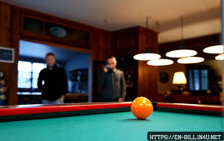 Home 17 당구 관련 마케팅 전략 - Photorealistic neighborhood billiards hall marketing scene, stylish pool table in sharp foreground w...