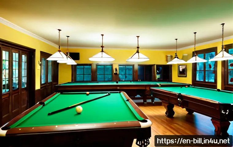 대구 당구장 추천 - Photorealistic wide interior of a welcoming American billiards hall, rows of pristine green-felt poo...