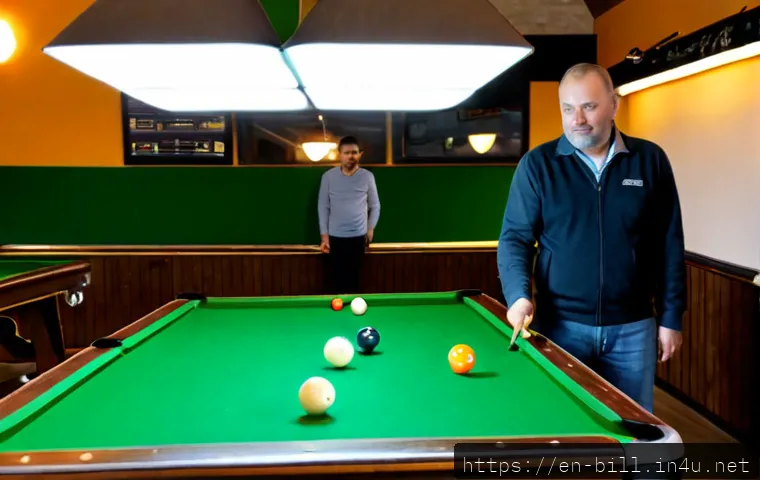 Home 17 당구 레슨 후기 - Photorealistic billiards lesson in a welcoming neighborhood pool hall, a focused adult beginner in c...