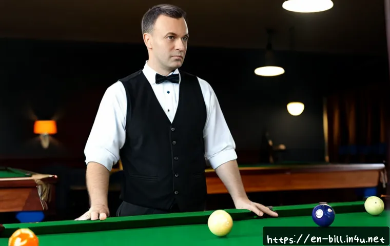 Home 17 당구 심판의 역할 - Photorealistic professional billiards referee in formal black vest, white shirt, and bow tie standin...